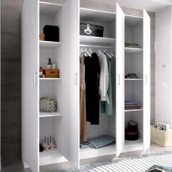 Armoire placard meuble de rangement coloris blanc - Longueur 200 x Profondeur 52 x Hauteur 215 cm