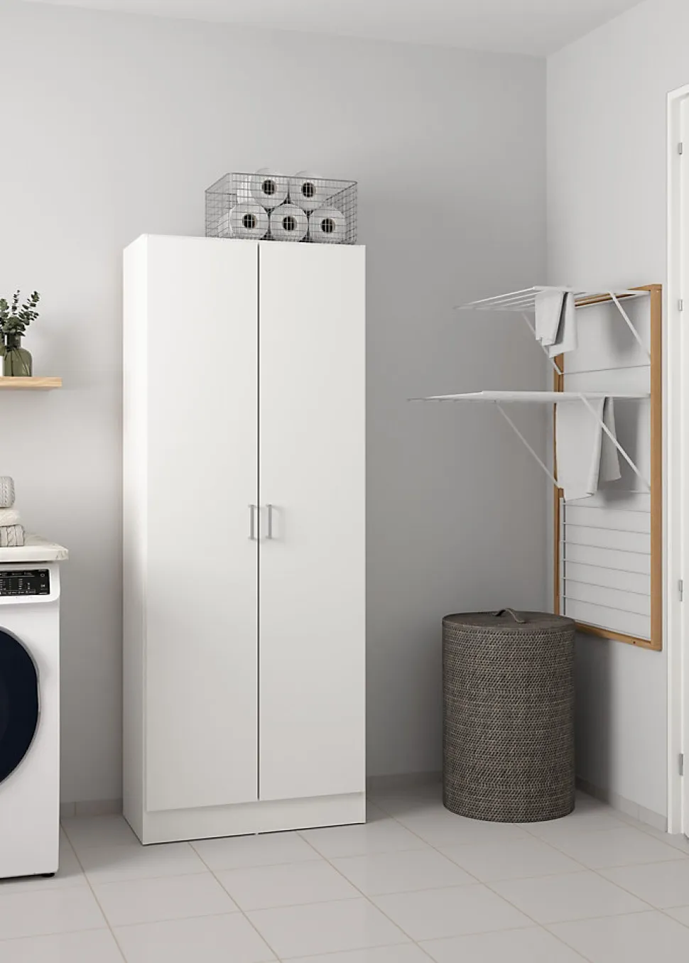 Armoire polyvalente Dabaldi, Armoire à balais avec 2 portes, Etagere à chaussures avec Etageres, cm73x37h180 cm, Blanc