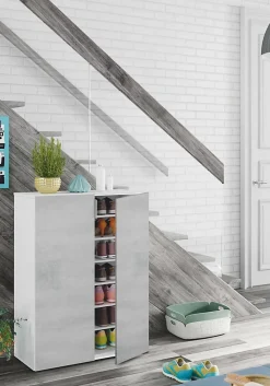 Armoire polyvalente Dlel, Armoire auxiliaire avec 2 portes, Armoire à chaussures basse, 70x36h103 cm, Ciment et Blanc