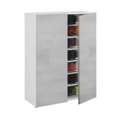 Armoire polyvalente Dlel, Armoire auxiliaire avec 2 portes, Armoire à chaussures basse, 70x36h103 cm, Ciment et Blanc