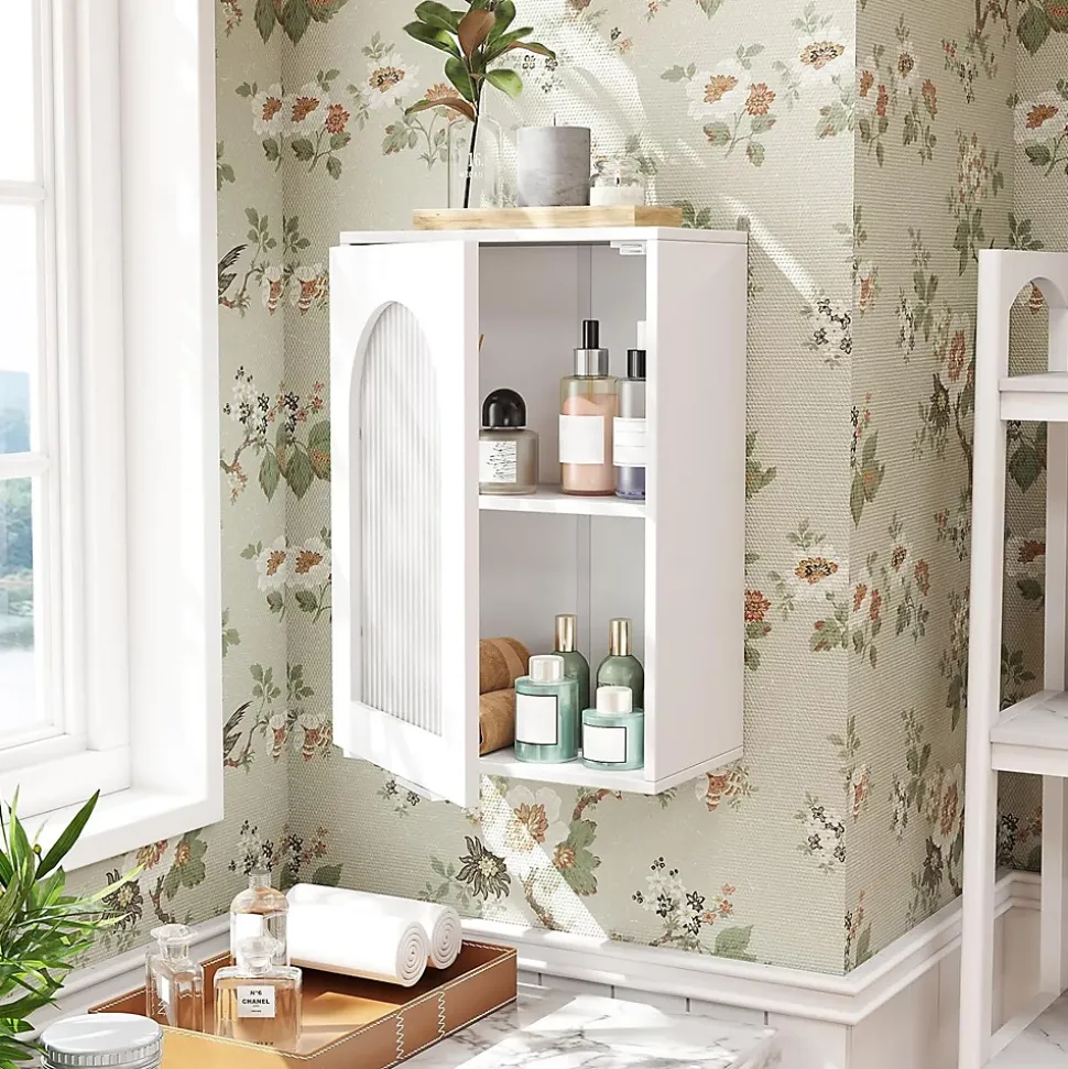 Armoire Salle de Bain,avec Porte en Verre Trempé Canne, au-Dessus des Toilettes avec Étagère Réglable pour Salon Buanderie, Blanc