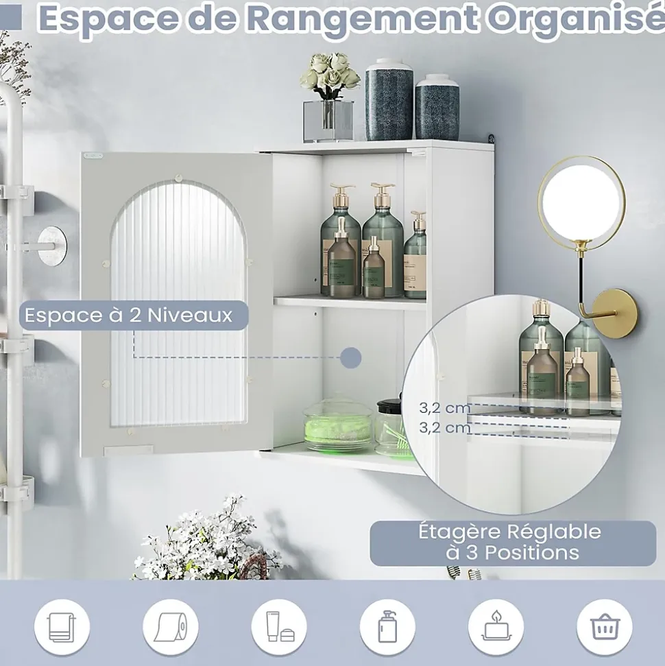 Armoire Salle de Bain,avec Porte en Verre Trempé Canne, au-Dessus des Toilettes avec Étagère Réglable pour Salon Buanderie, Blanc