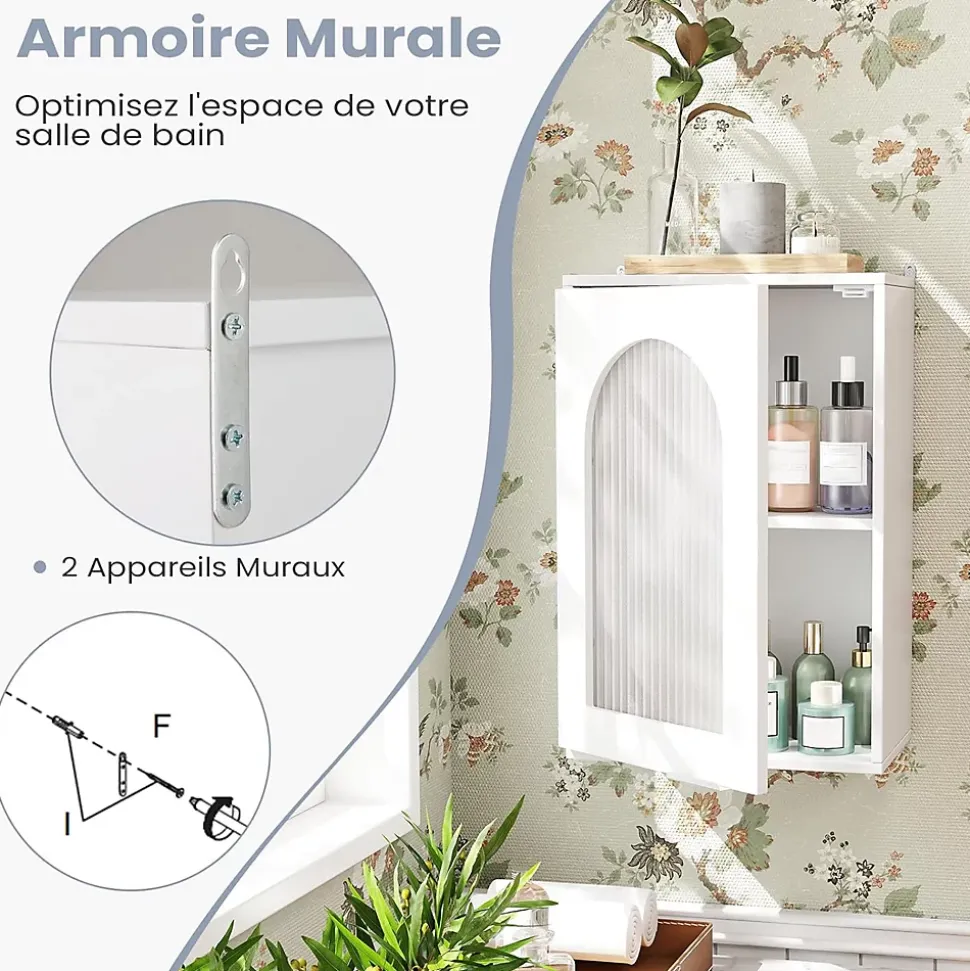 Armoire Salle de Bain,avec Porte en Verre Trempé Canne, au-Dessus des Toilettes avec Étagère Réglable pour Salon Buanderie, Blanc