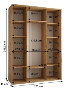 Armoire Sapporo 2 a portes coulissantes H. 205,2 x L. 170 x P. 45 3 portes