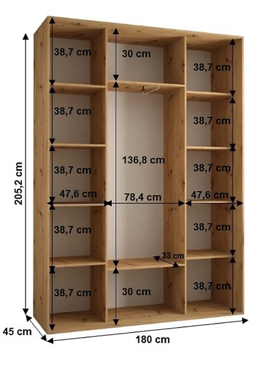 Armoire Sapporo 1 a portes coulissantes H. 205,2 x L. 180 x P. 45 3 portes