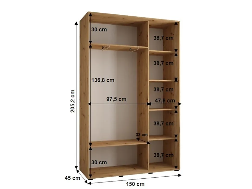Armoire Sapporo 2 a portes coulissantes H. 205,2 x L. 150 x P. 45 3 portes