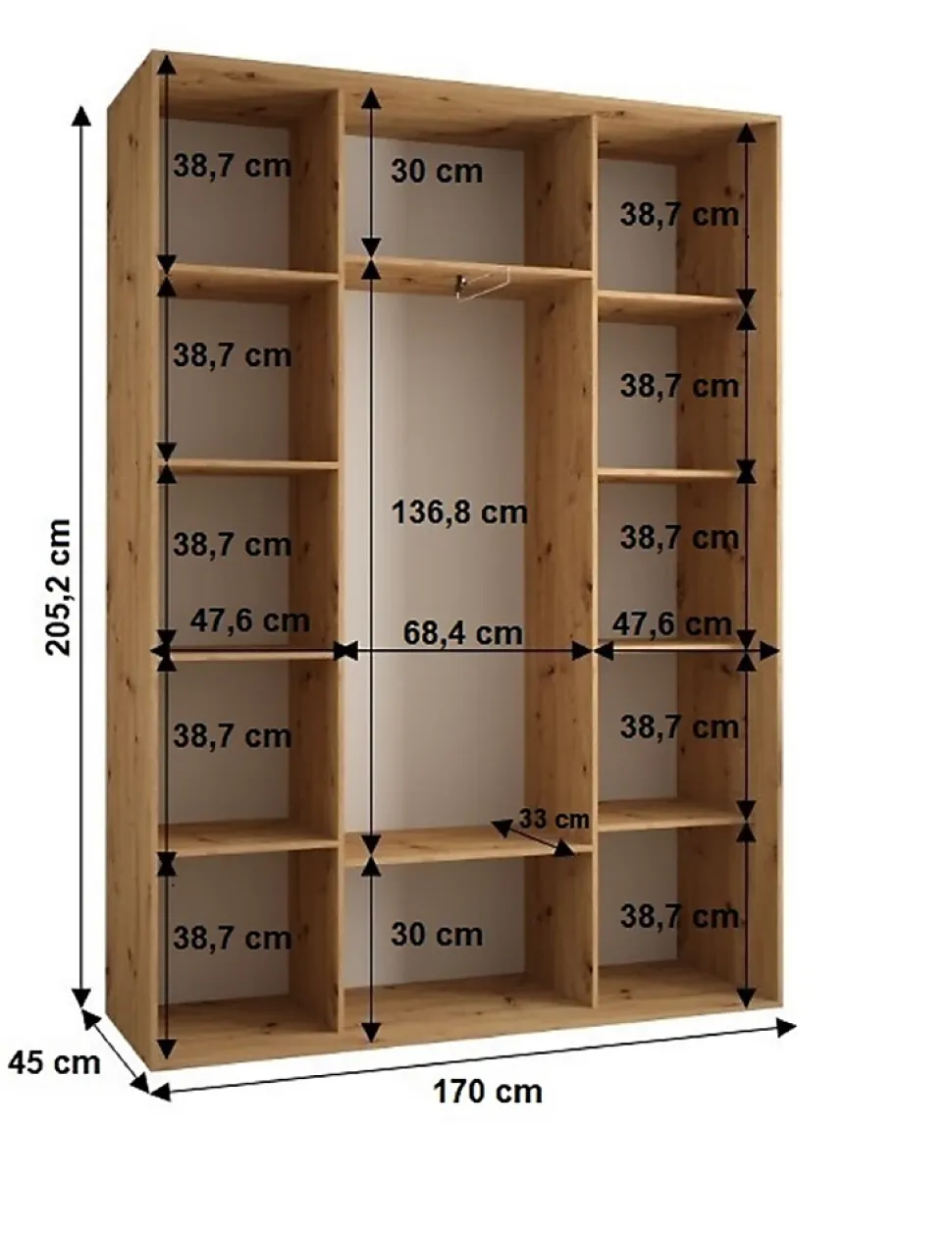 Armoire Sapporo 1 a portes coulissantes H. 205,2 x L. 170 x P. 45 3 portes