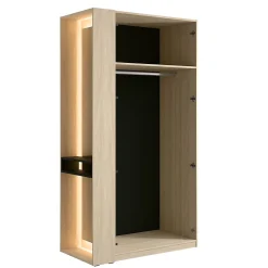 Armoire SORIA 110 cm chene et noir avec miroir LED et niche 2 portes battantes
