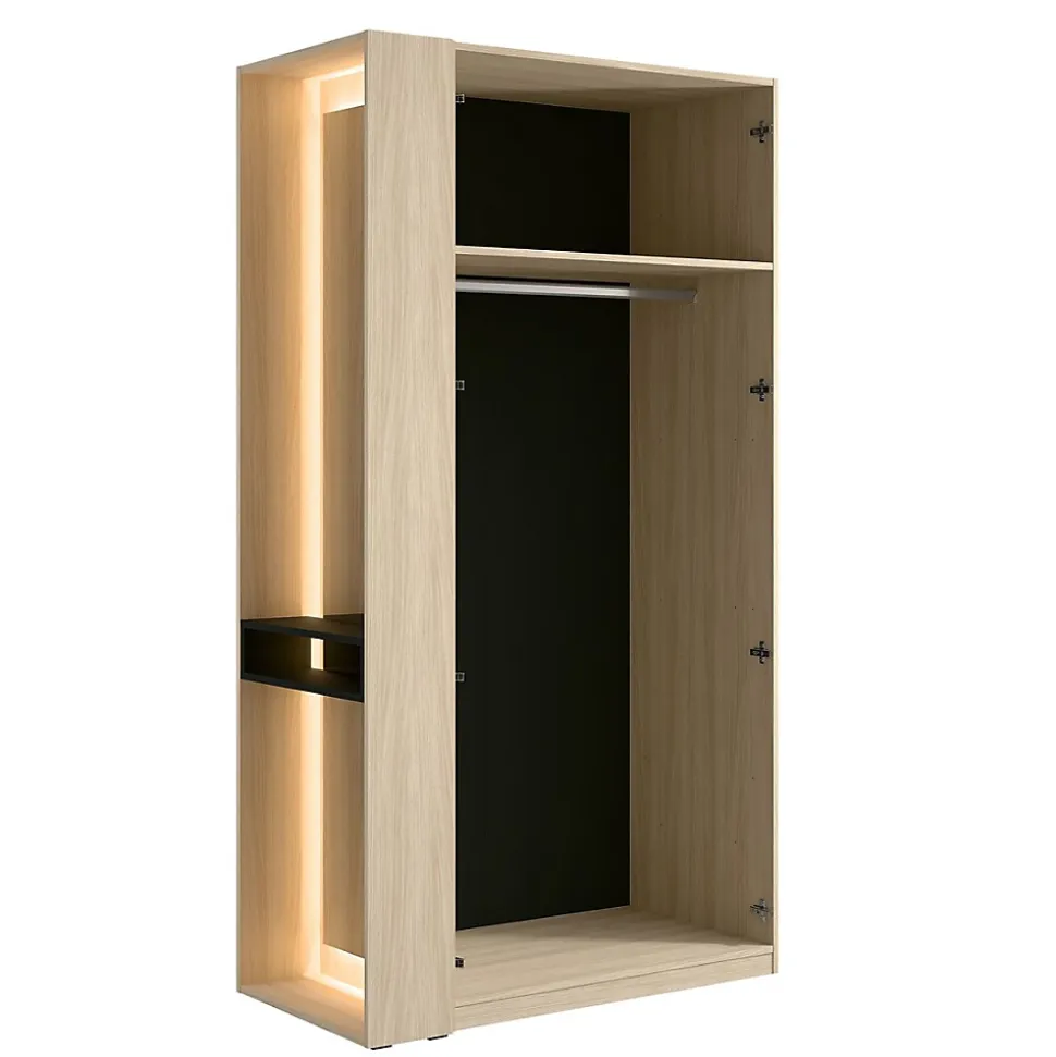 Armoire SORIA 110 cm chene et noir avec miroir LED et niche 2 portes battantes