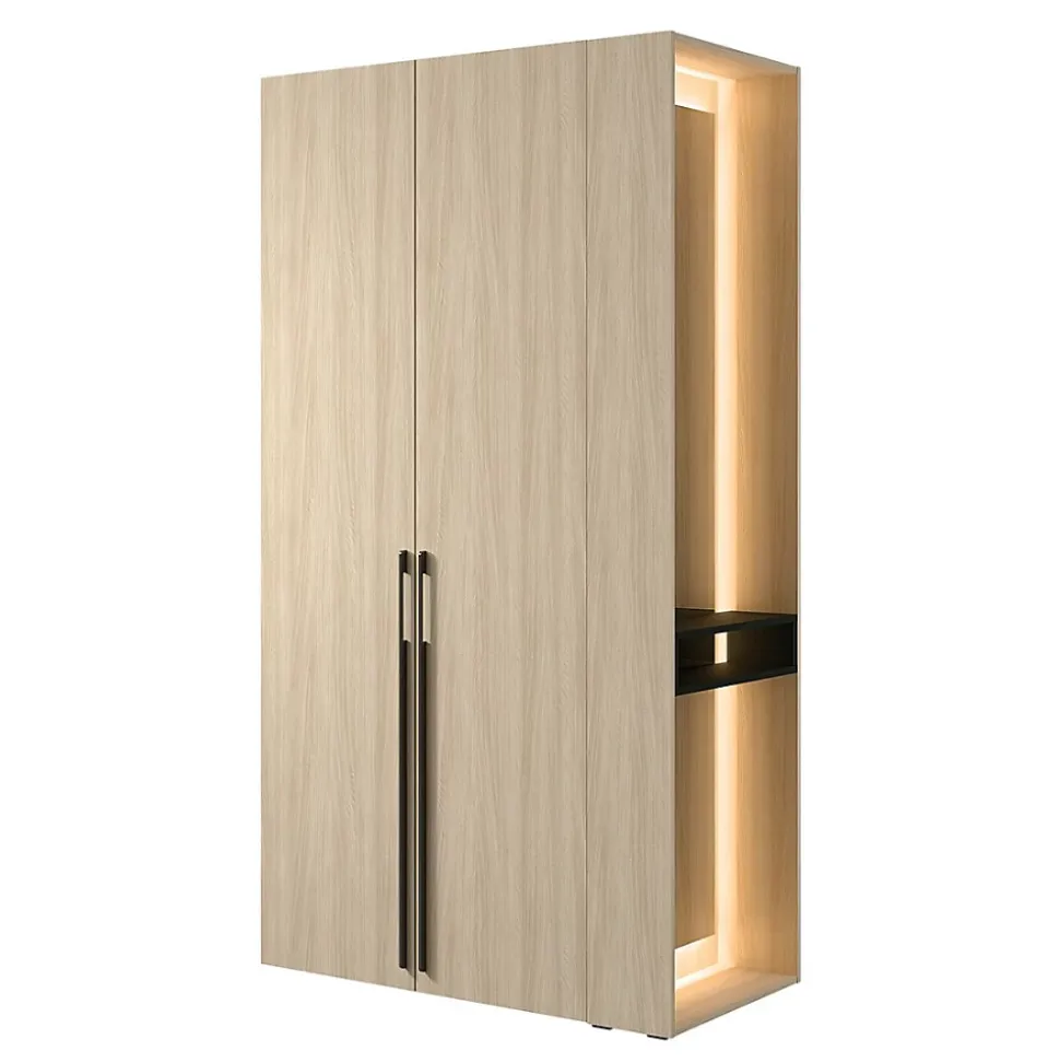 Armoire SORIA 110 cm chene et noir avec miroir LED et niche 2 portes battantes