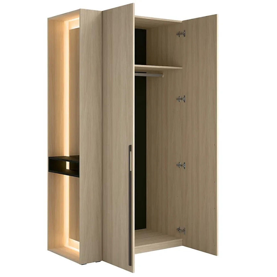 Armoire SORIA 110 cm chene et noir avec miroir LED et niche 2 portes battantes