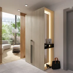 Armoire SORIA 110 cm chene et noir avec miroir LED et niche 2 portes battantes