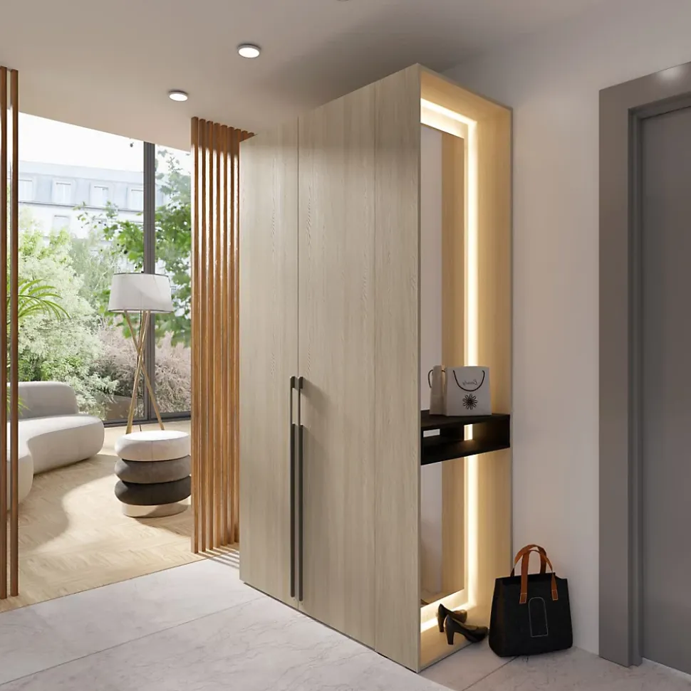 Armoire SORIA 110 cm chene et noir avec miroir LED et niche 2 portes battantes