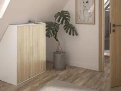 Armoire sous pente 2 portes - Blanc et naturel - ADEZIO