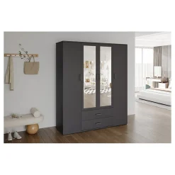 Armoire TOM 4 portes avec miroirs Coloris gris anthracite L160 cm Design moderne et grand rangement