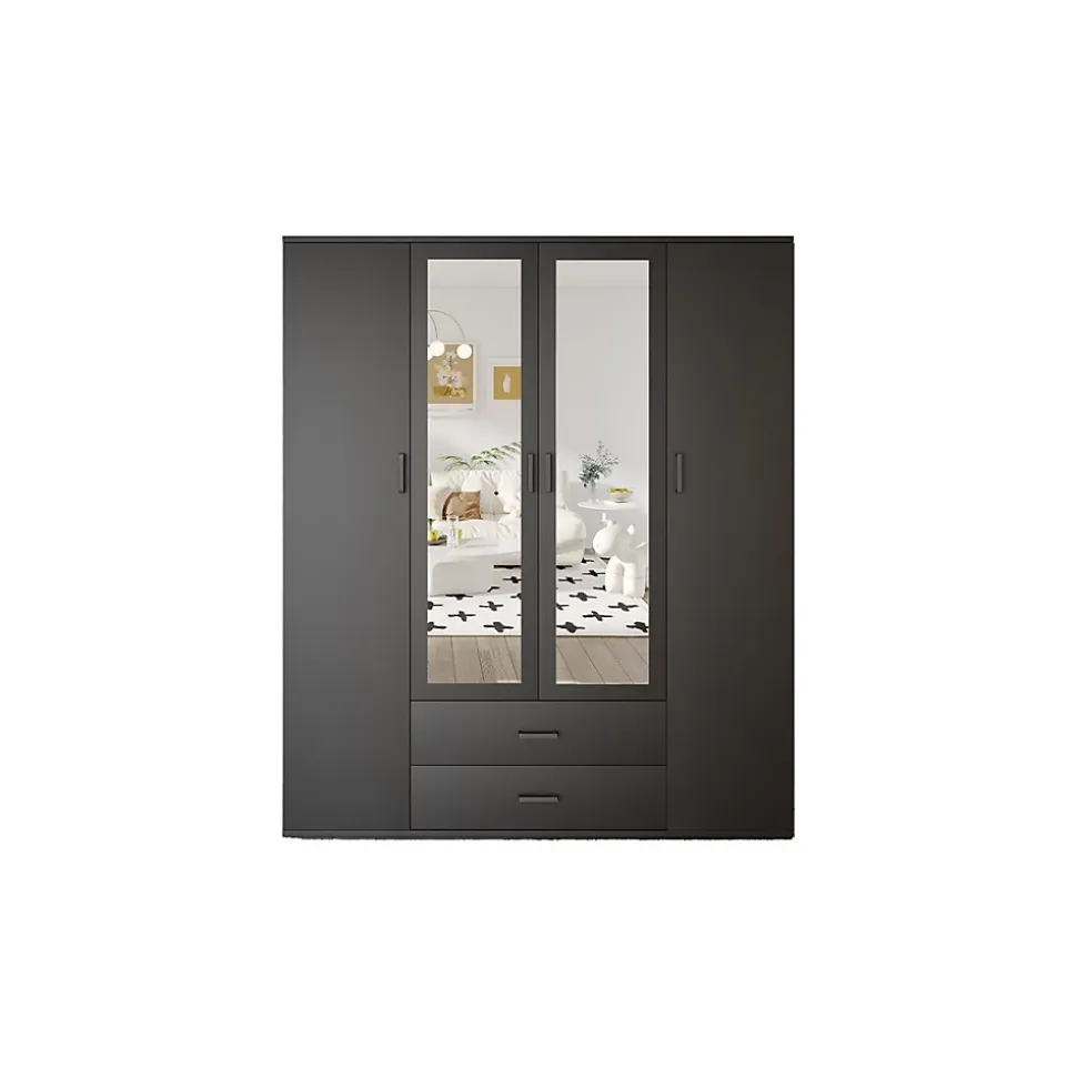 Armoire TOM 4 portes avec miroirs Coloris gris anthracite L160 cm Design moderne et grand rangement