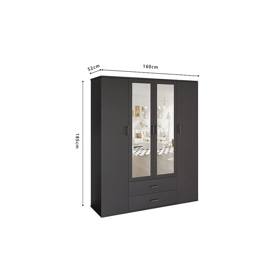 Armoire TOM 4 portes avec miroirs Coloris gris anthracite L160 cm Design moderne et grand rangement