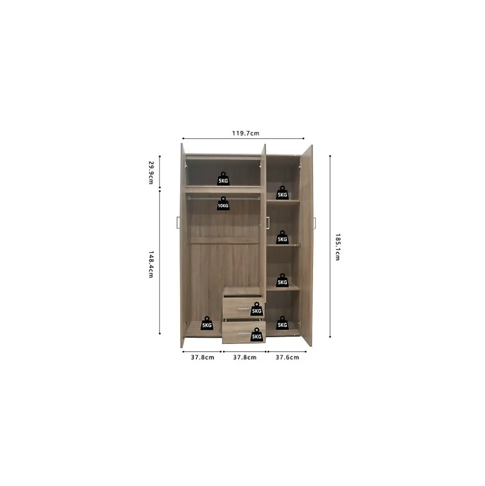 Armoire TOM 3 portes Chene Sonoma Avec miroir L120 x H185 cm