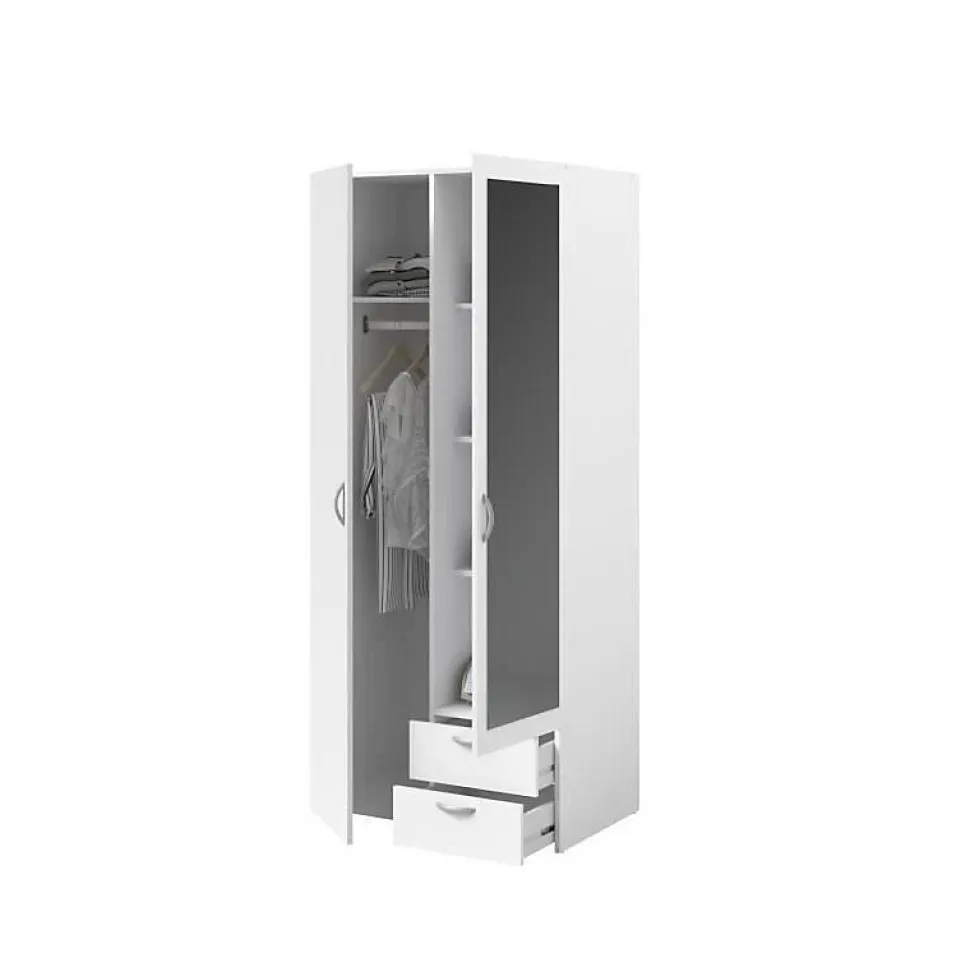 Armoire VARIA - Décor blanc - 2 portes battantes + 1 miroir + 2 tiroirs - L 81 x H 185 x P 51 cm - PARISOT
