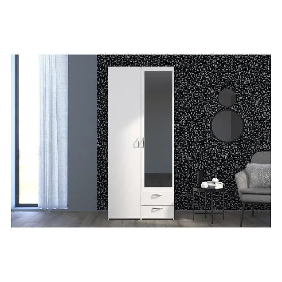 Armoire VARIA - Décor blanc - 2 portes battantes + 1 miroir + 2 tiroirs - L 81 x H 185 x P 51 cm - PARISOT