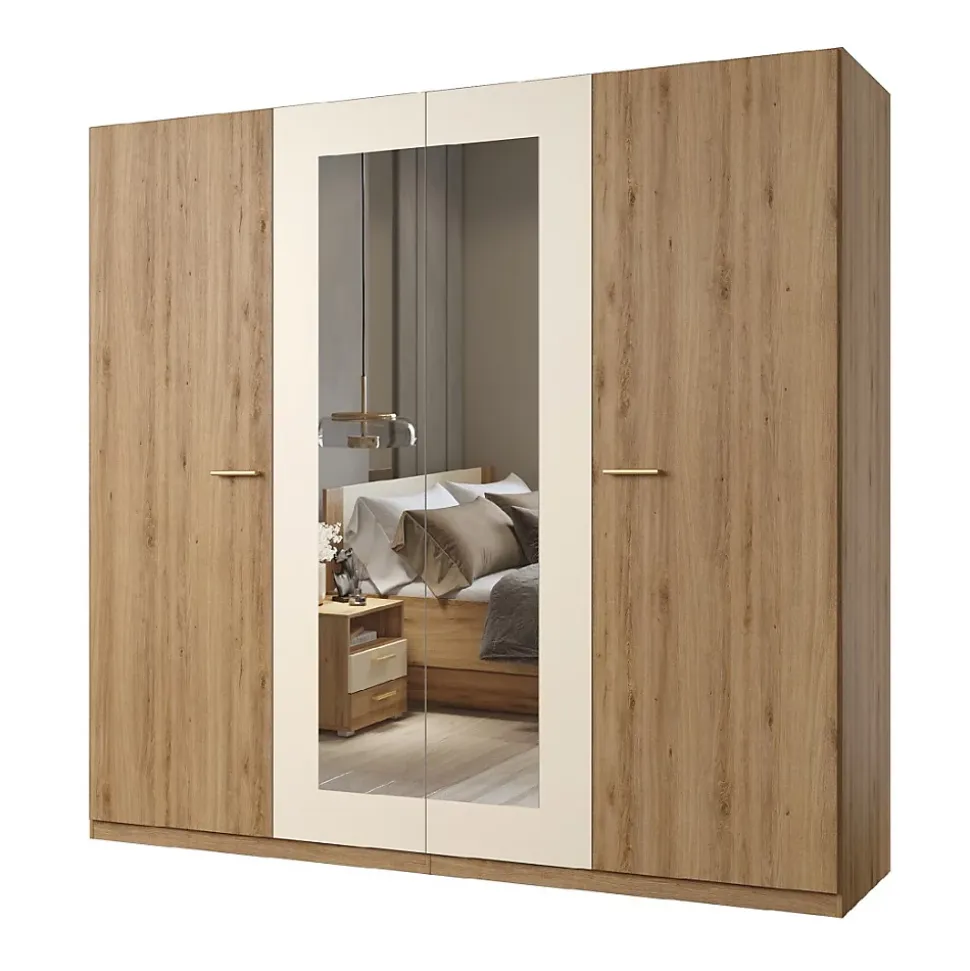 Armoire VERTIGO 4 portes avec miroir 228x215 cm Chene sauvage et beige sable