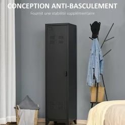 Armoire vestiaire métal design industriel - barre penderie, 3 étagères - dim. 43L x 50l x 180H cm - métal noir