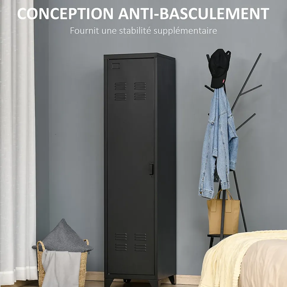 Armoire vestiaire métal design industriel - barre penderie, 3 étagères - dim. 43L x 50l x 180H cm - métal noir