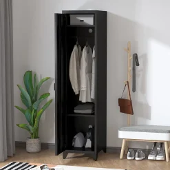 Armoire vestiaire métal design industriel - barre penderie, 3 étagères - dim. 43L x 50l x 180H cm - métal noir