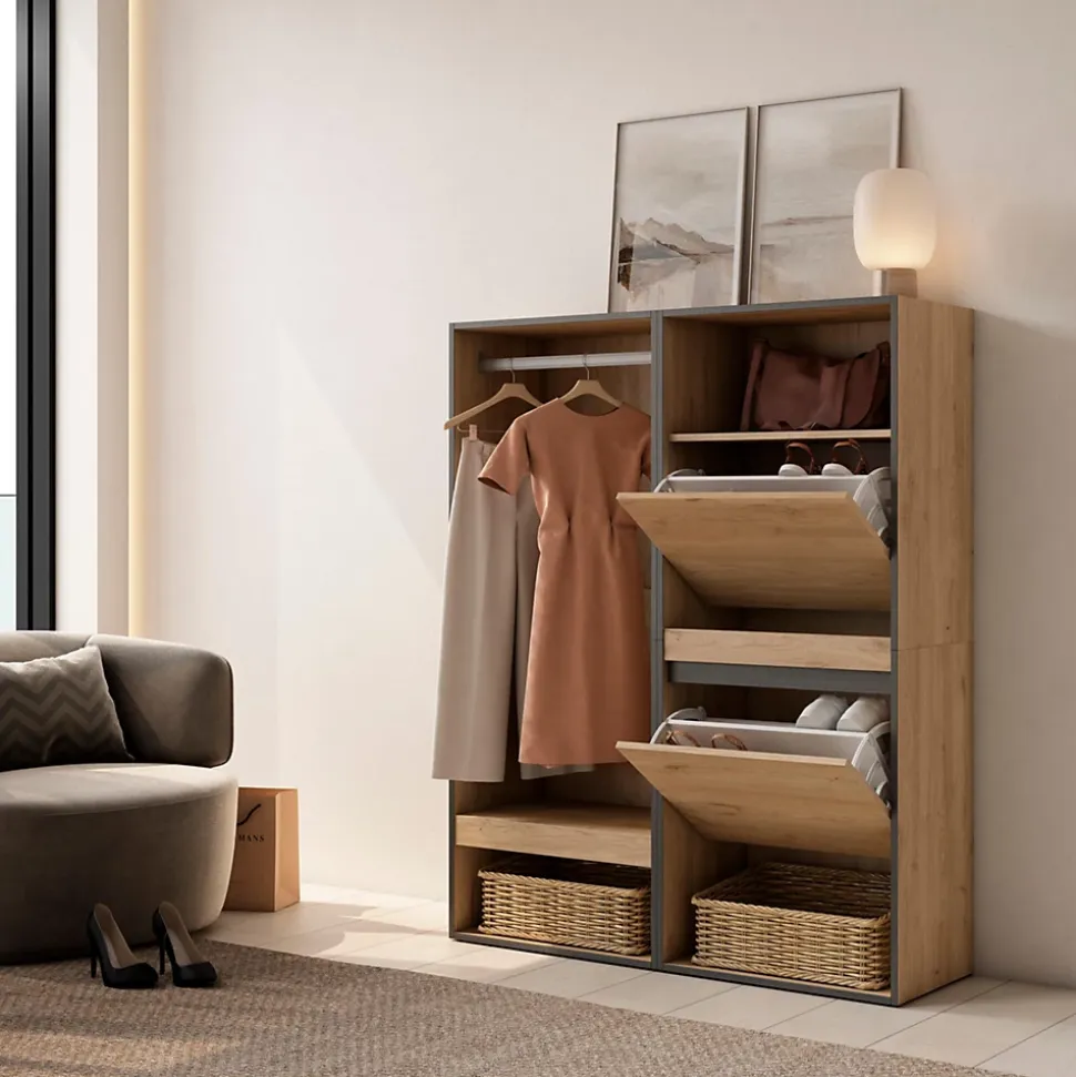 Armoire Vestiaire ouvert meuble chaussures 120x35x145cm couleur chêne