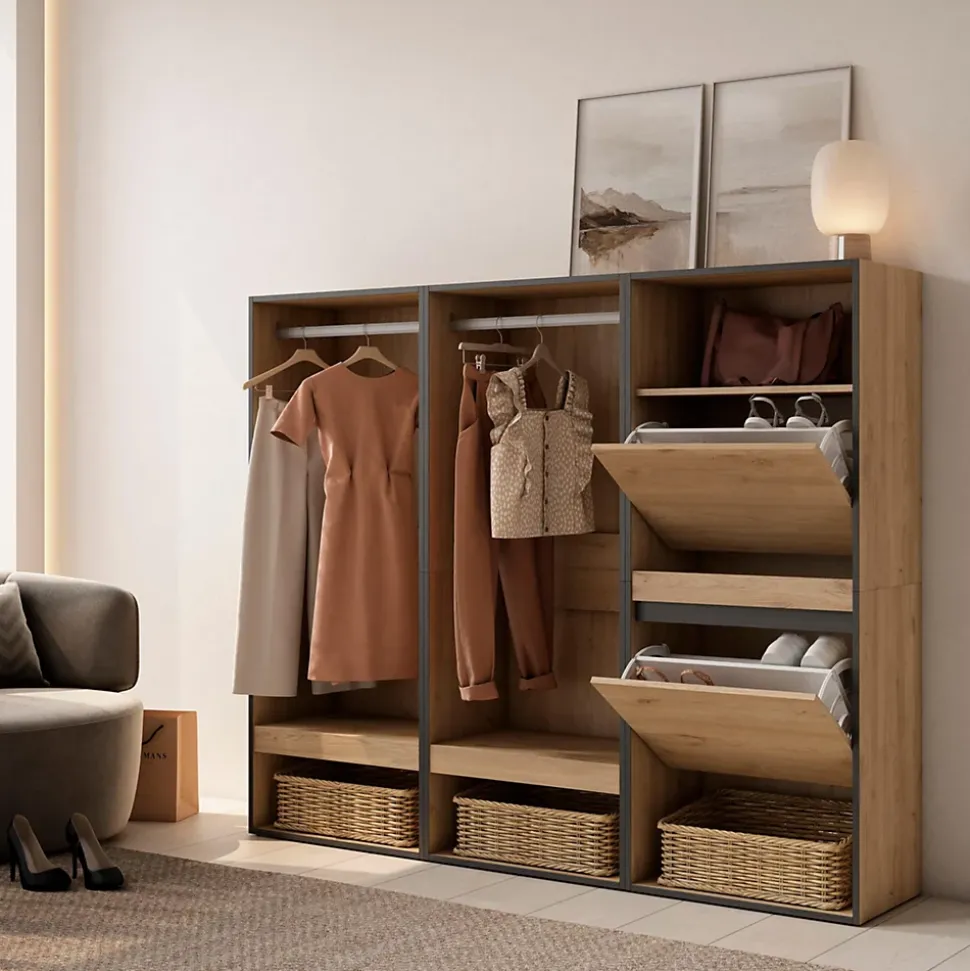 Armoire Vestiaire ouvert meuble chaussures 180x35x145cm couleur chêne
