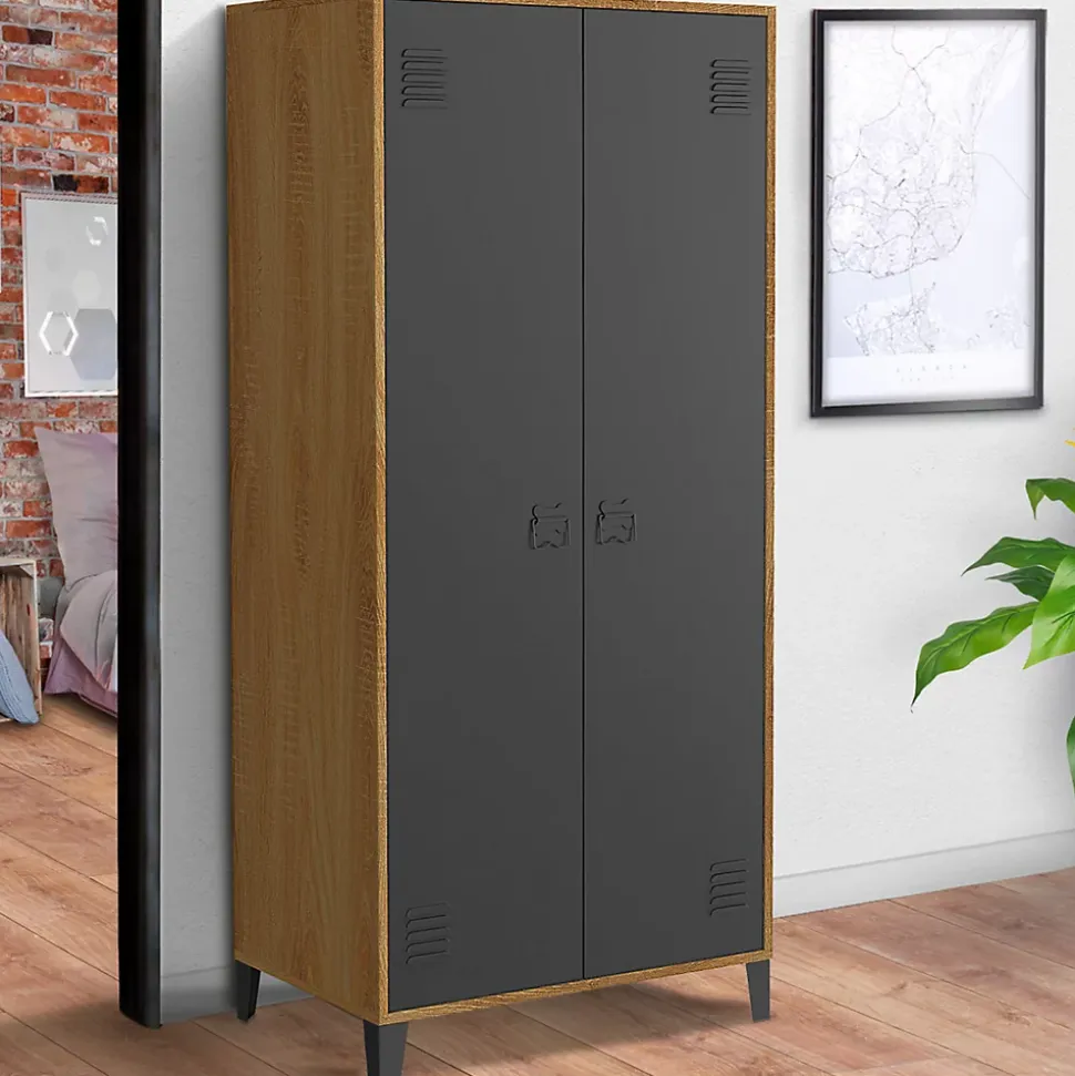Armoire vestiaire penderie ESTER 2 portes métal noir et contour bois design industriel
