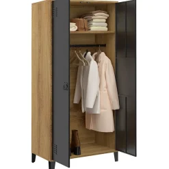 Armoire vestiaire penderie ESTER 2 portes métal noir et contour bois design industriel