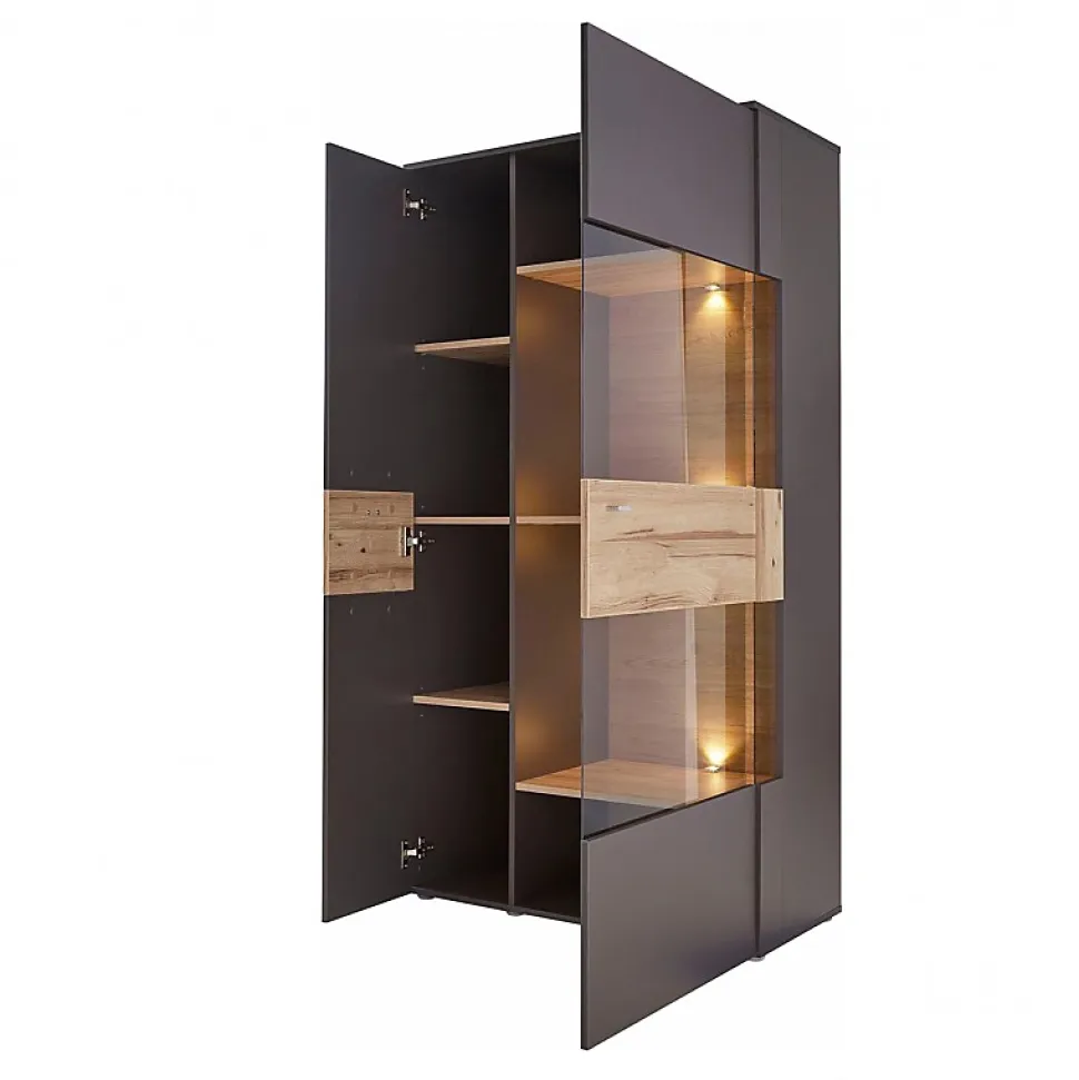 Armoire vitrée 2 portes ouverture droite décor bois et gris - MARBELLA