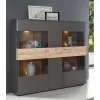 Armoire vitrine 150 cm 3 portes décor bois clair et gris - MARBELLA