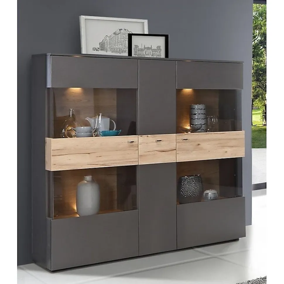Armoire vitrine 150 cm 3 portes décor bois clair et gris - MARBELLA