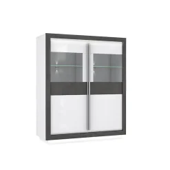 Armoire vitrine 2 portes blanc laqué décor gris béton et LED - CALVI