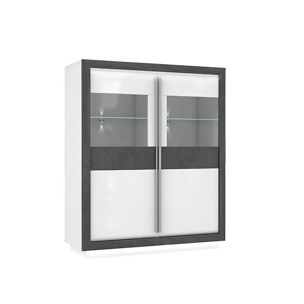Armoire vitrine 2 portes blanc laqué décor gris béton et LED - CALVI