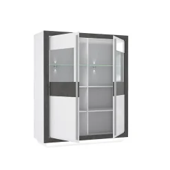 Armoire vitrine 2 portes blanc laqué décor gris béton et LED - CALVI