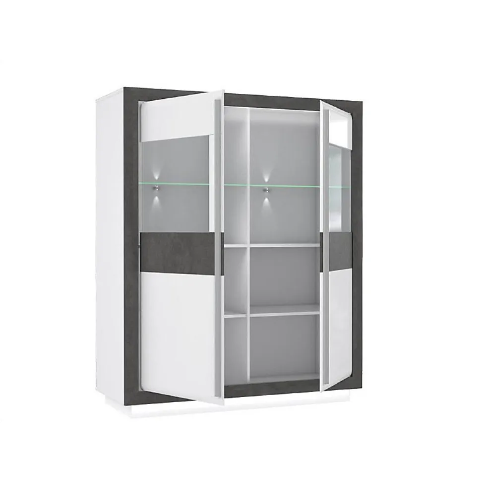Armoire vitrine 2 portes blanc laqué décor gris béton et LED - CALVI