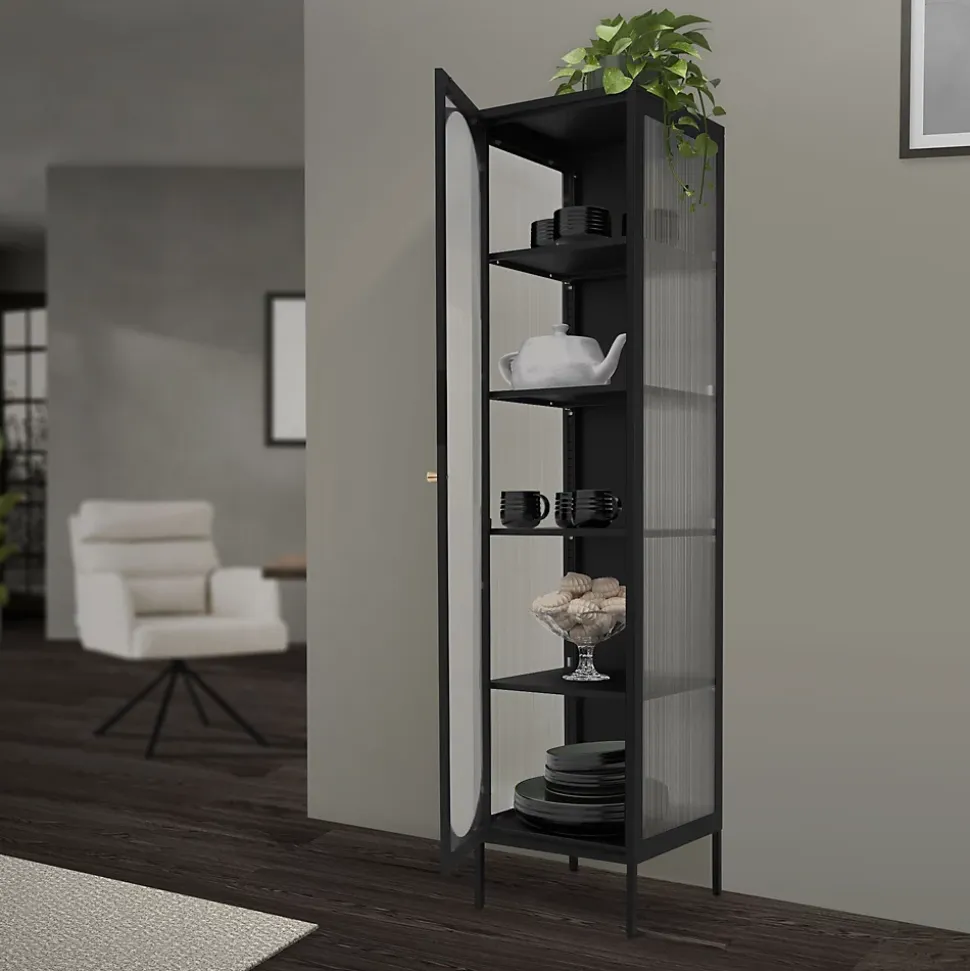 Armoire vitrine 42x175x40 cm, noir, vitrine étroite avec 5 étagères et 1 porte