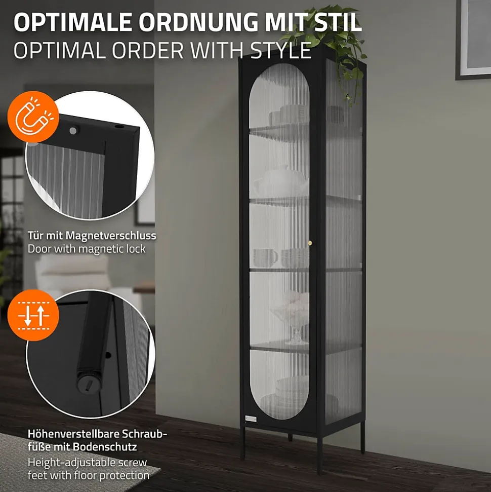 Armoire vitrine 42x175x40 cm, noir, vitrine étroite avec 5 étagères et 1 porte