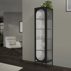 Armoire vitrine 42x175x40 cm, noir, vitrine étroite avec 5 étagères et 1 porte