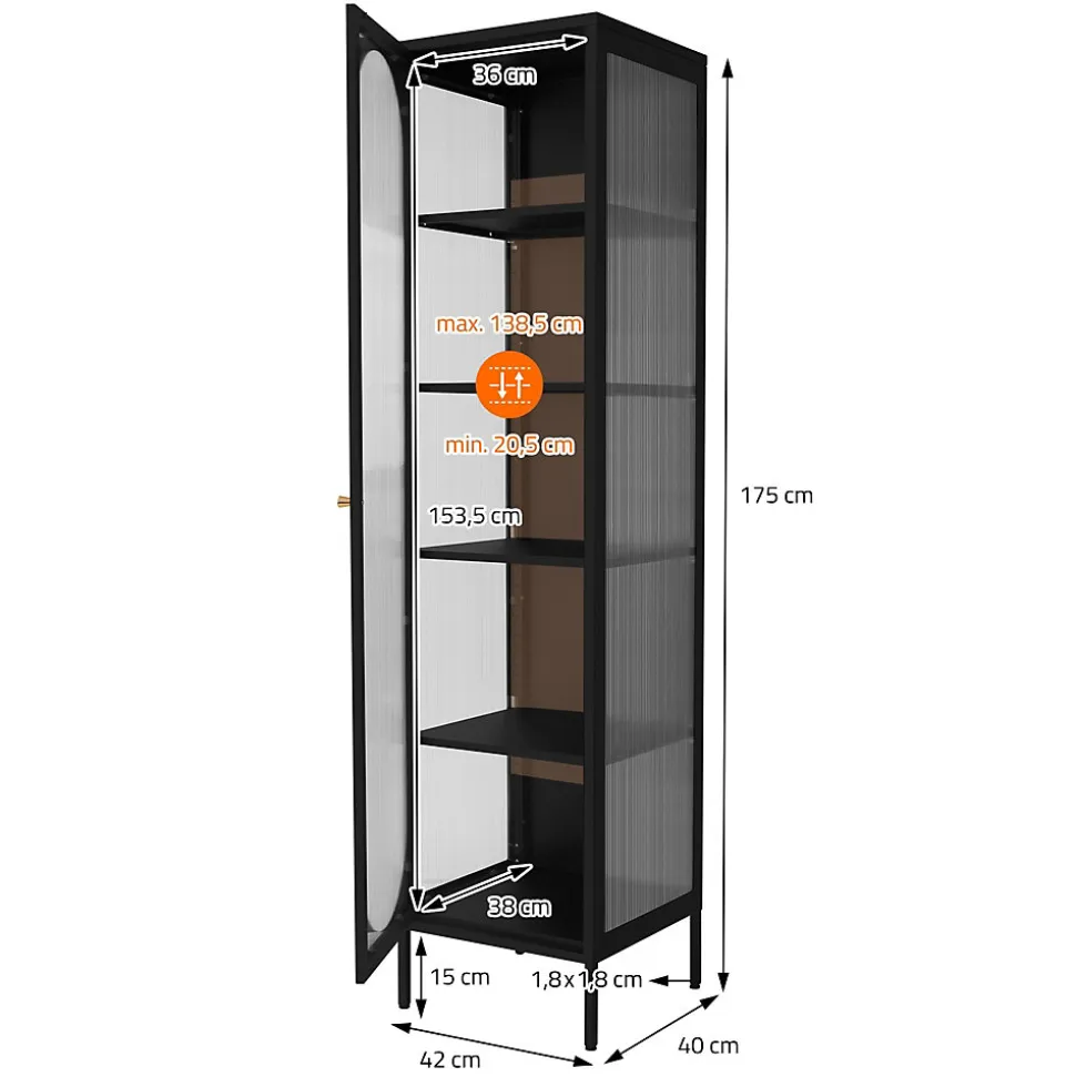 Armoire vitrine 42x175x40 cm, noir, vitrine étroite avec 5 étagères et 1 porte