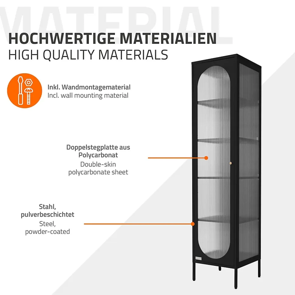 Armoire vitrine 42x175x40 cm, noir, vitrine étroite avec 5 étagères et 1 porte