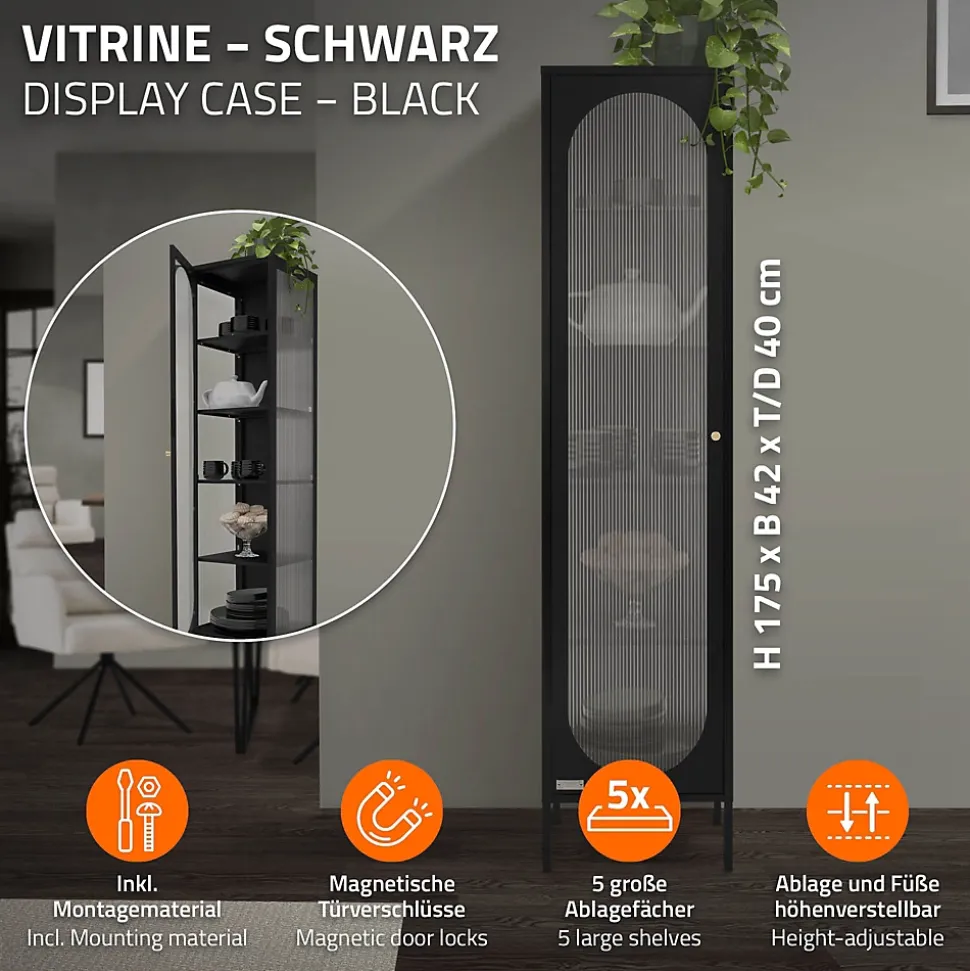 Armoire vitrine 42x175x40 cm, noir, vitrine étroite avec 5 étagères et 1 porte