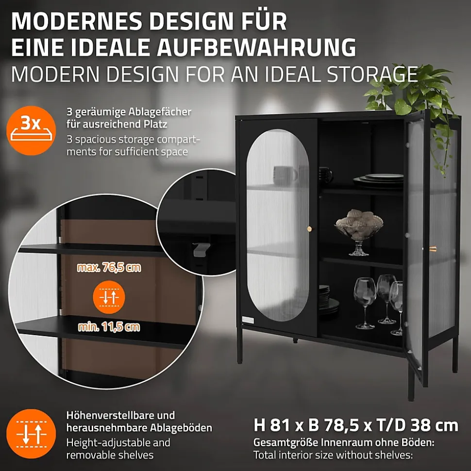 Armoire vitrine 80x102,5x40 cm, noir, vitrine avec 3 étagères/rayons & 2 portes