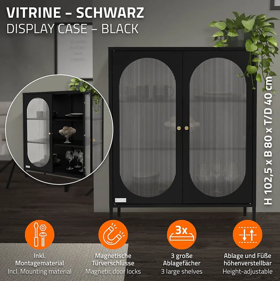 Armoire vitrine 80x102,5x40 cm, noir, vitrine avec 3 étagères/rayons & 2 portes