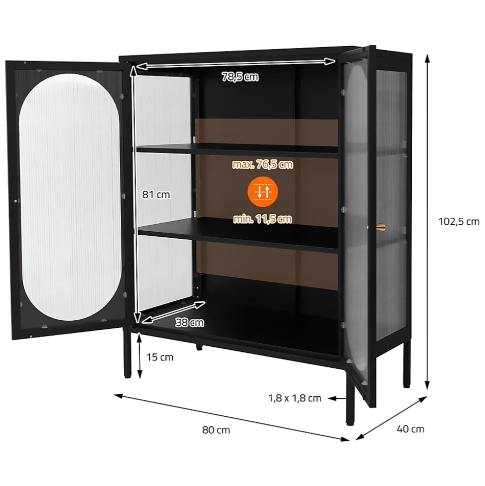 Armoire vitrine 80x102,5x40 cm, noir, vitrine avec 3 étagères/rayons & 2 portes