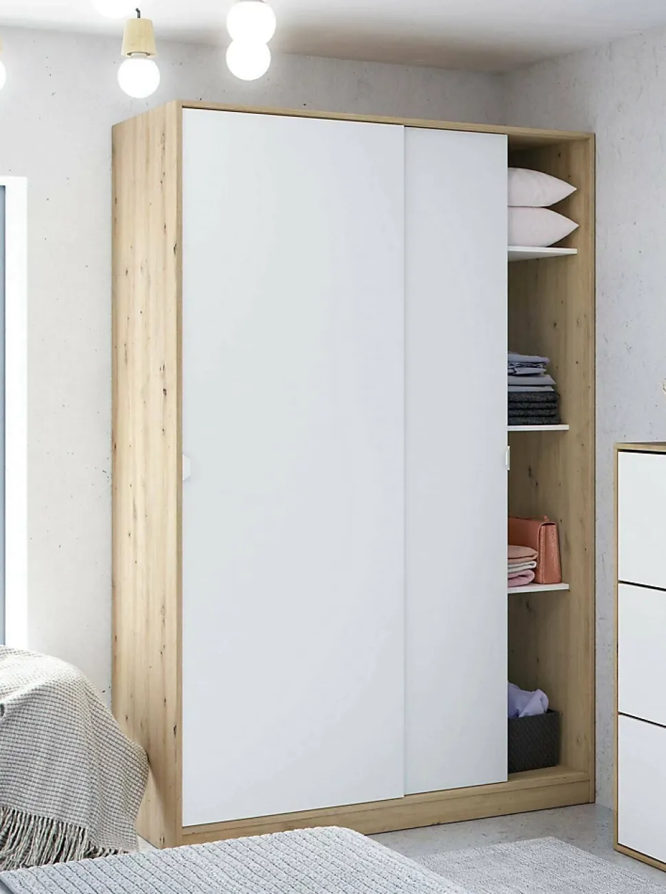 Armoire Waterbury, Armoire de chambre avec 2 portes, Armoire avec 3 Etageres et tringle à vêtements, 120x50h200 cm, Blanc et Chêne