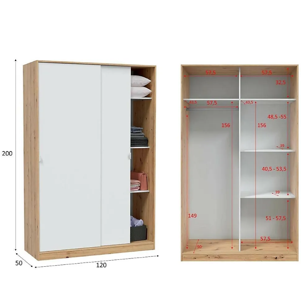 Armoire Waterbury, Armoire de chambre avec 2 portes, Armoire avec 3 Etageres et tringle à vêtements, 120x50h200 cm, Blanc et Chêne